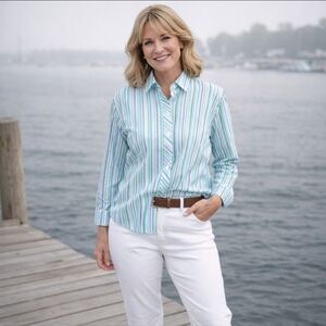 Foxcroft Casual Green/White/Gray Preppy Striped Button Up Crisp Shirt Sz 14